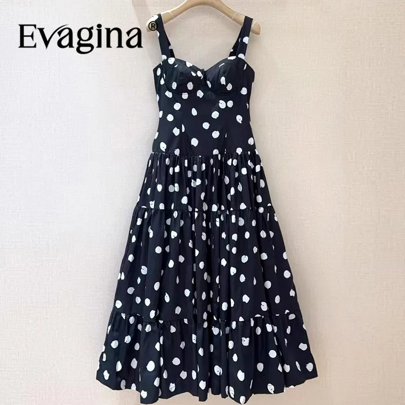 

Evagina Dot Print Spaghetti Strap Bow Casual Dress For Women Elegant Cotton Long Dresses Basic Vacation Style Clothes