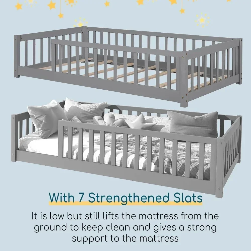 Vloerbed met veiligheidsleuningen en deur en latten Kinderbedframe Twin-Grijs zonder deurbodems en frames Kindermeubilair