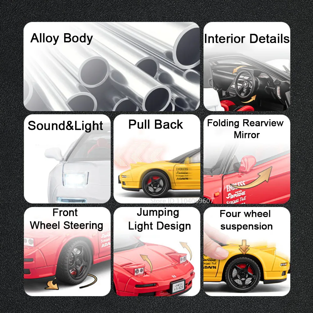 Scala 1:22 Honda NA1 Modello di auto sportiva Giocattoli in metallo pressofuso in miniatura Supercar Suono Luce Porte aperte Tirare indietro Veicoli ornamenti