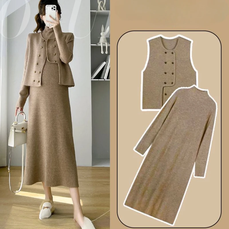 Maternity Wear Fall Winter Knitted Suit Korean New Dress Fashion Fall Winter Models Long Skirt Two-piece Set Pregnant Clothes