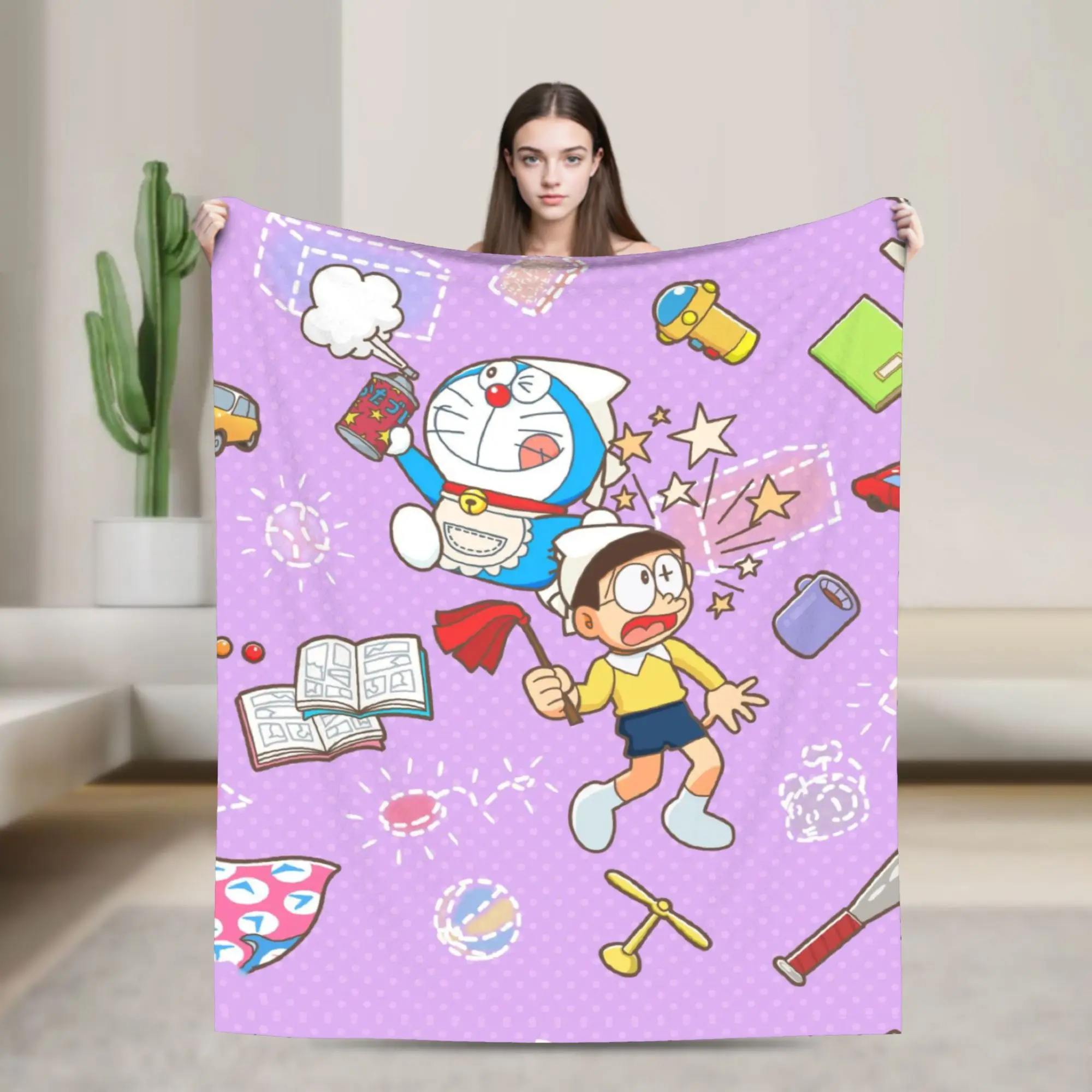 Custom Sofa Fleece D-Doraemons Cartoon Throw Blanket Warm Flannel  Blankets for Bed Office Couch Quilt