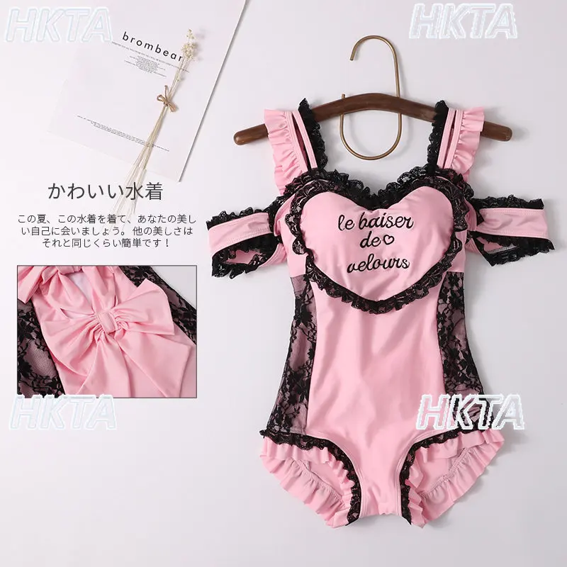 

Японский слитный купальник в стиле Sweet Lolita для девушек, винтажный, с кружевом, бантом, вышивкой букв, рукавами-крылышками, для горячих источников, женский