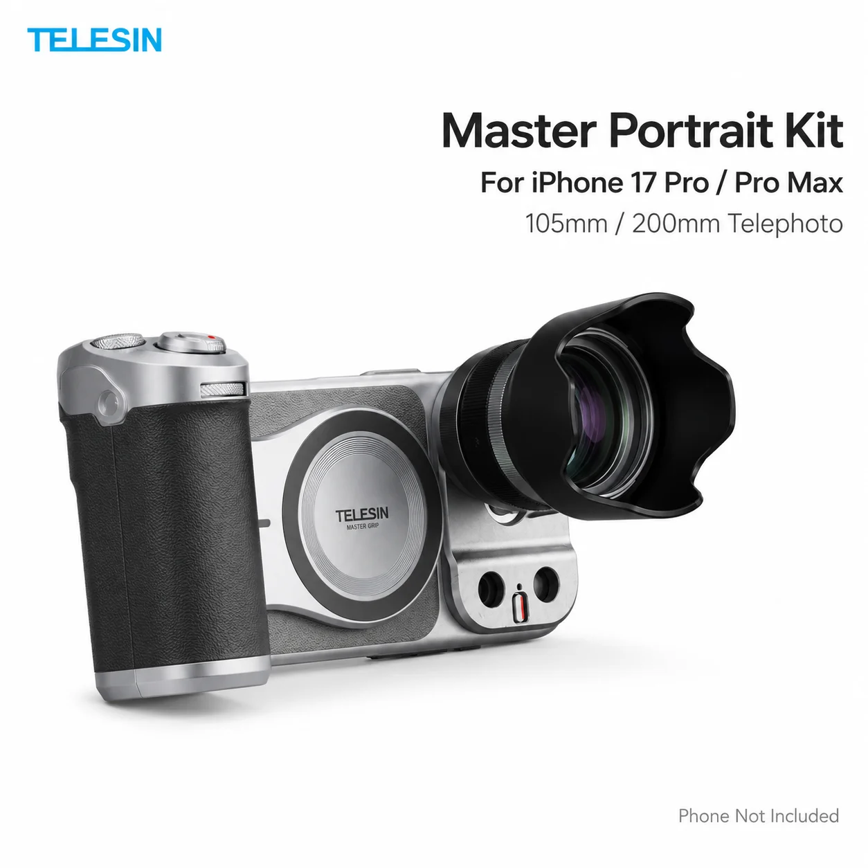 Комплект для профессиональной портретной фотографии TELESIN Master для iPhone 17 Pro Max, 17 Pro: телеобъективы 105 мм и 200 мм, рукоятка для камеры