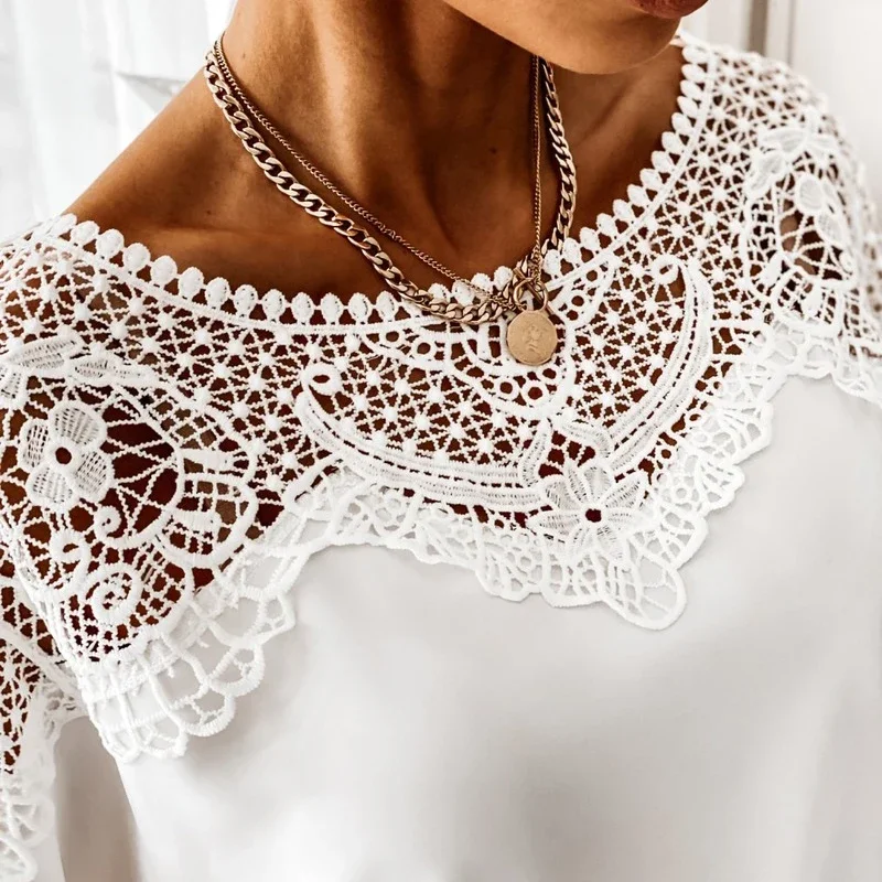 New Crochet Embroidery Lace Blouses Women Autumn Sexy Lace Stitching White Shirts Vintage Elegant Ladies Tops Blusas 12459