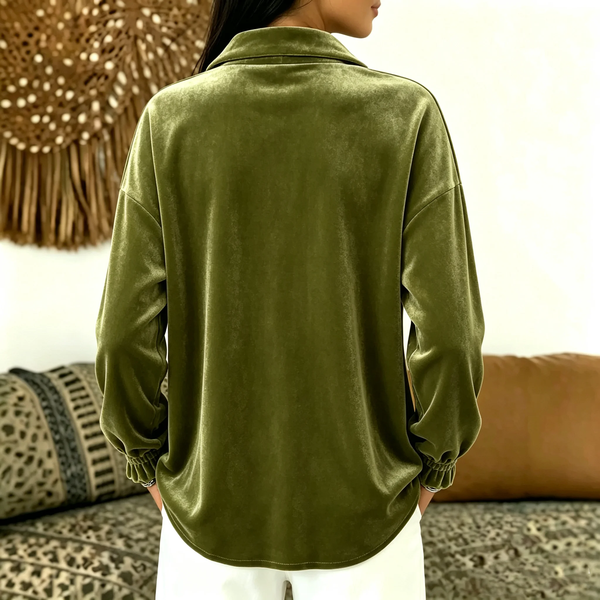 Women's New Style Velvet Shirt with Turn-Down Collar, Half-Henley Button Closure, Drop Shoulder, Long Sleeves, Floral Cuffs, Loose Drapey Top