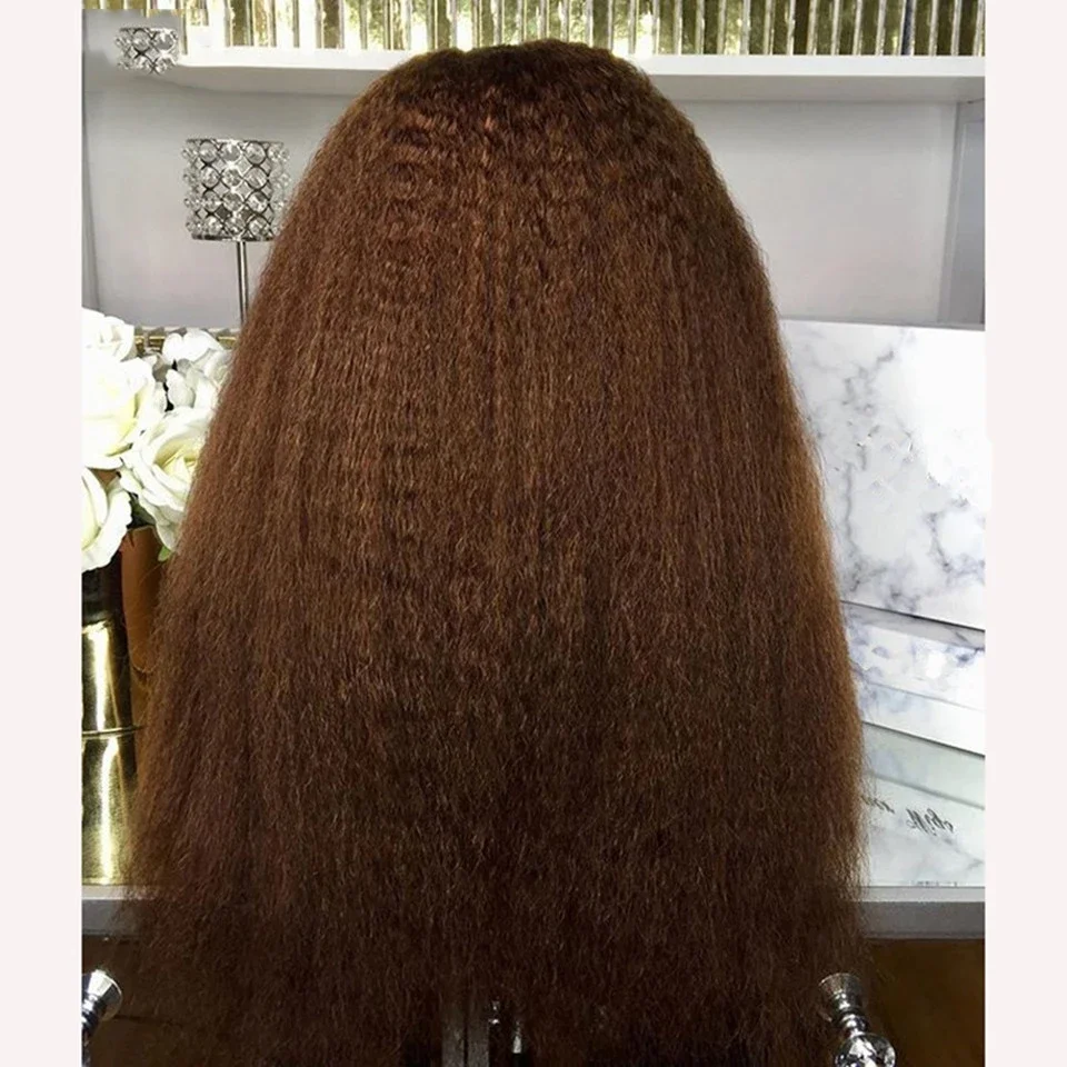 28Inch 180Density Soft Glueless Brown Yaki Kinky Straight Lace Front Wigs For Women BabyHair Preplucked Daily  Fashion Synthetic