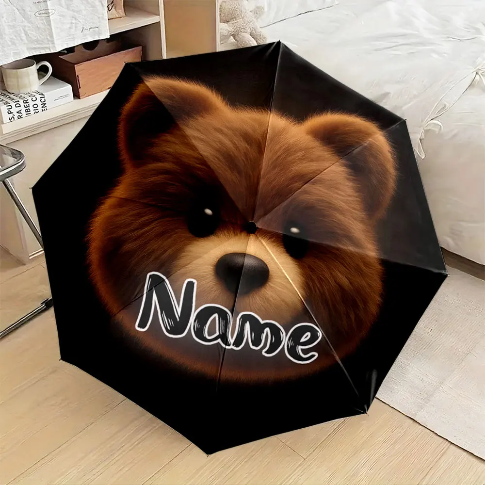 Custom Name Umbrella, Cute Brown Teddy Bear Face Umbrella with Custom Name Design Folding Umbrella for Sunny and Rainy,Gift