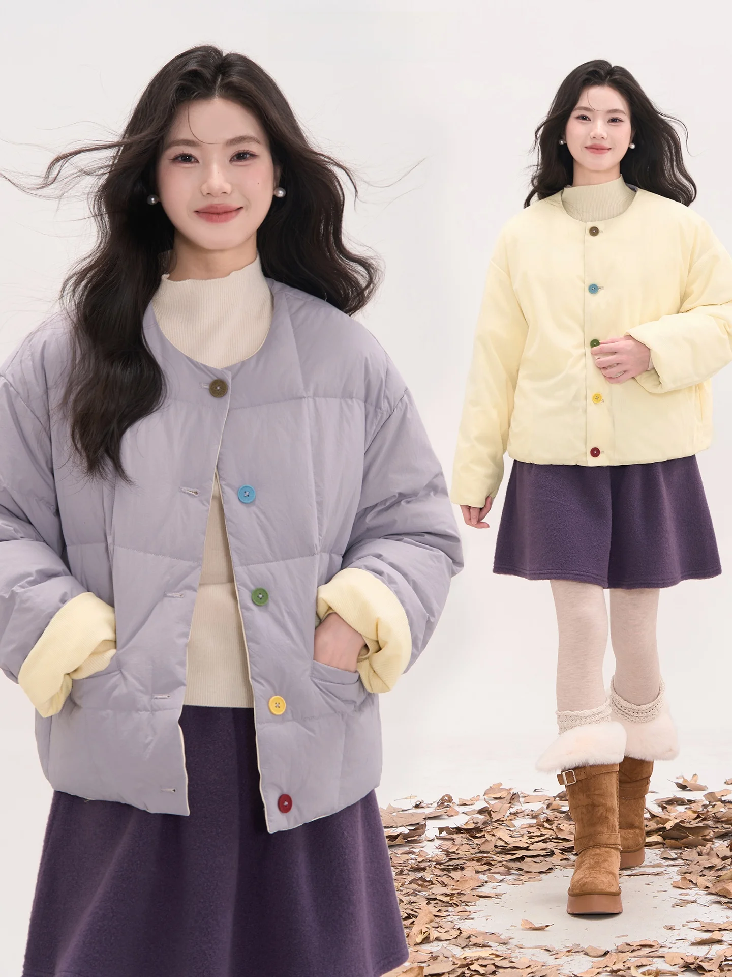 

Button Cotton Jaet Women's Double-sided Wear Velvet Bread Coat Sweet Sle round Ne Thiened Winter Outerwear