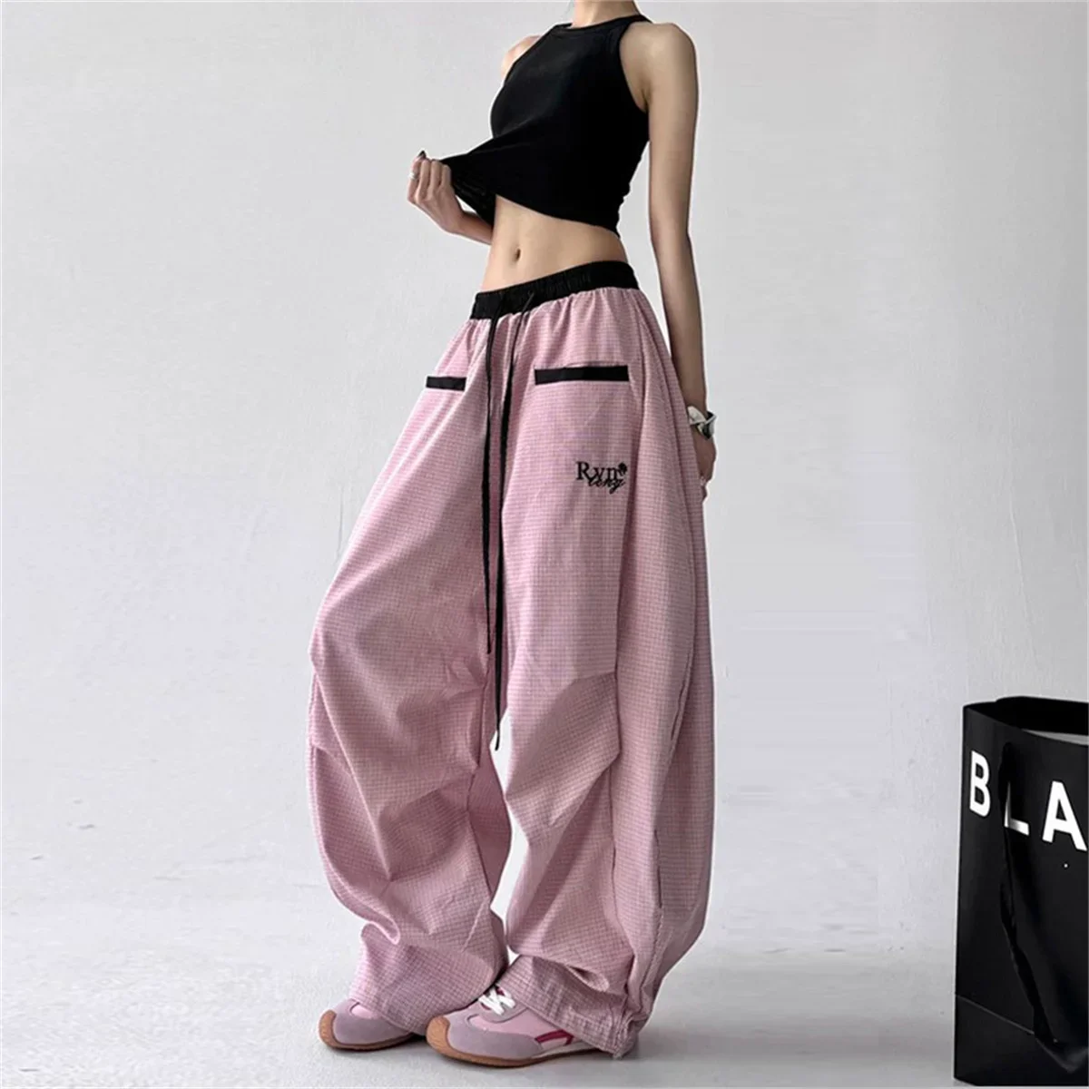 Autumn New Women's Two Piece Set Contrast Stripe Sleeve Cropped T-Shirt Pink Oversized Drawstring Wide Leg Pants Streetwear
