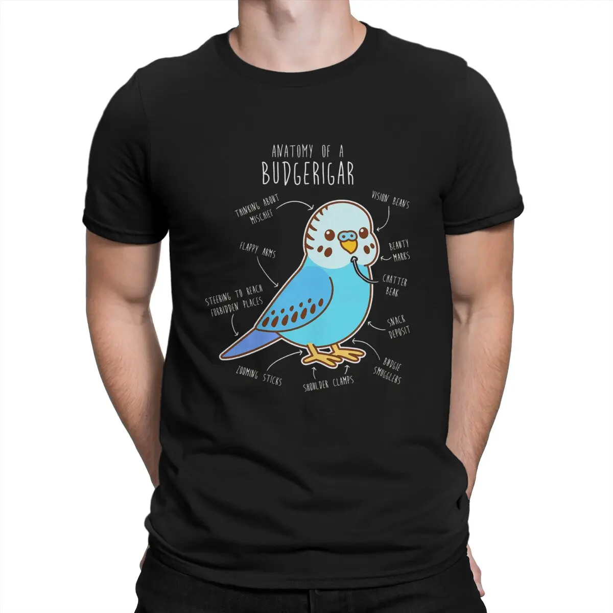 Blue Budgie Anatomy Men's T Shirts Conure Cockatiel Cool Tee Shirt Short Sleeve Crew Neck T-Shirts 100% Cotton Summer Tops