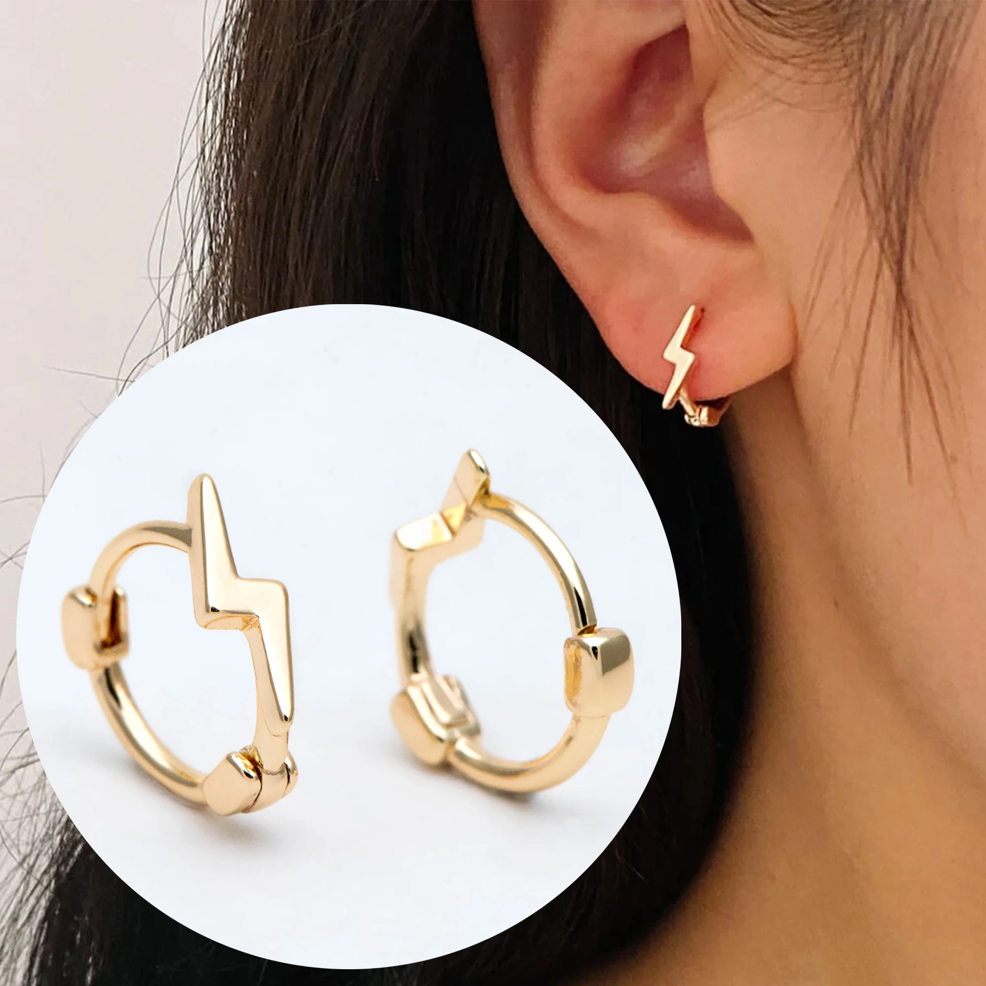 10pcs Lightning Hoop Earrings, Round Leverback Ear Hooks, 18K Gold Plated Brass, Earring Component Findings (GB-3010)