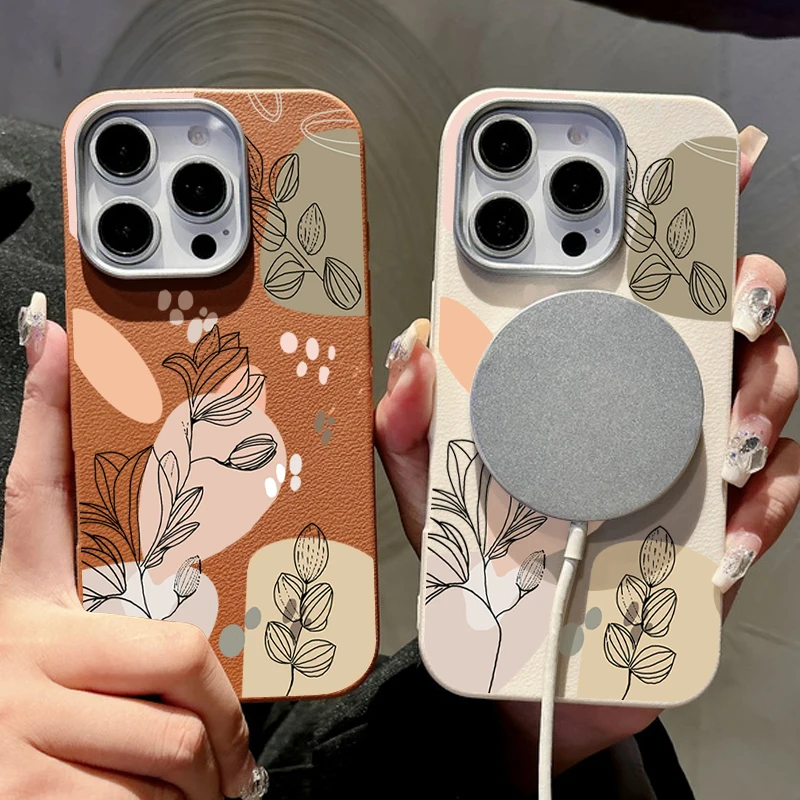 Abstract Plants Magnetic For MagSafe Leather Phone Case For iPhone 16 15 Pro Max 14 Plus 13 12 Pro 11 Shockproof TPU Soft Cover