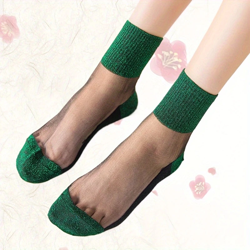 1/2/3/4/5Pairs Green Shiny Detail Socks, Colorblock Sheer Mesh Mid Tube Socks, Women\'s Stockings & Hosier