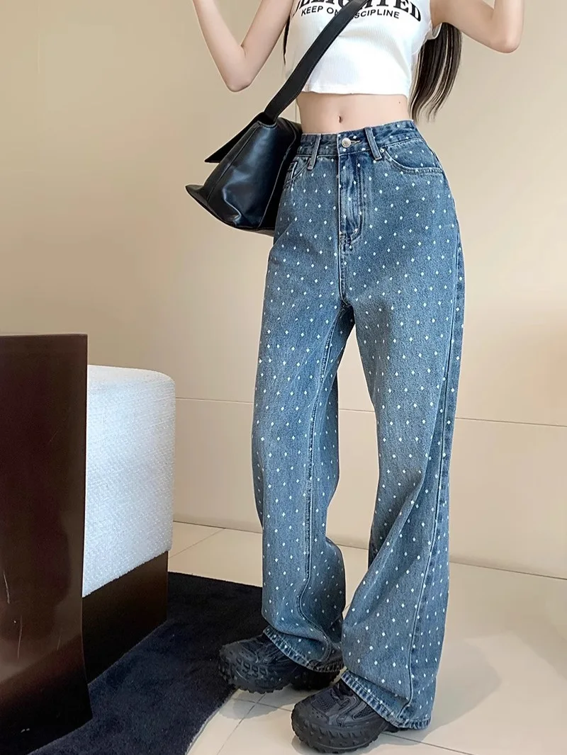 

Women's Jeans High Waist Straight Loose Round Dot Washed Wide Leg Female Denim Pants 2024 Summer Autumn New Fashion Mop Pants