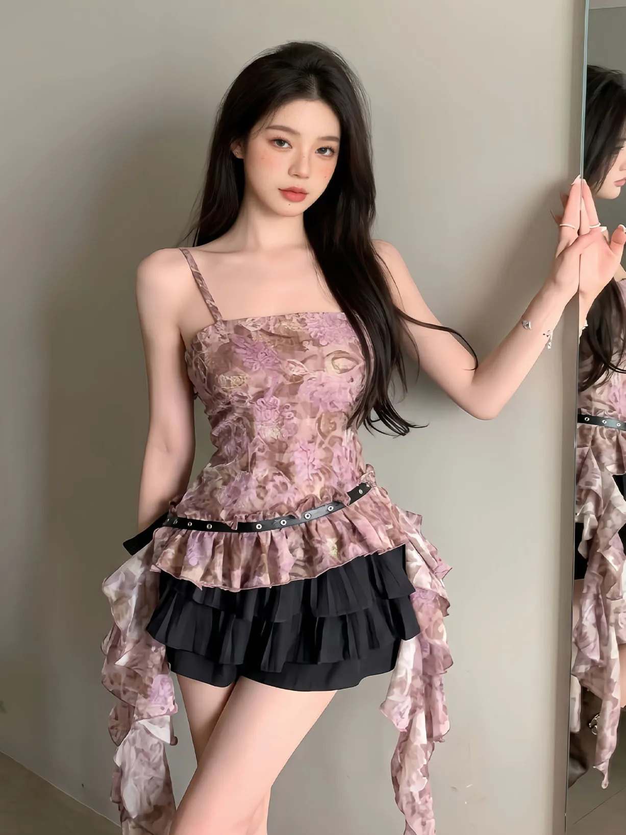 

Korean Style Slim Fit Floral Print Tank Top And Short Skirt Set Women's Summer Fashion Casual High Waist A-Line Skirt