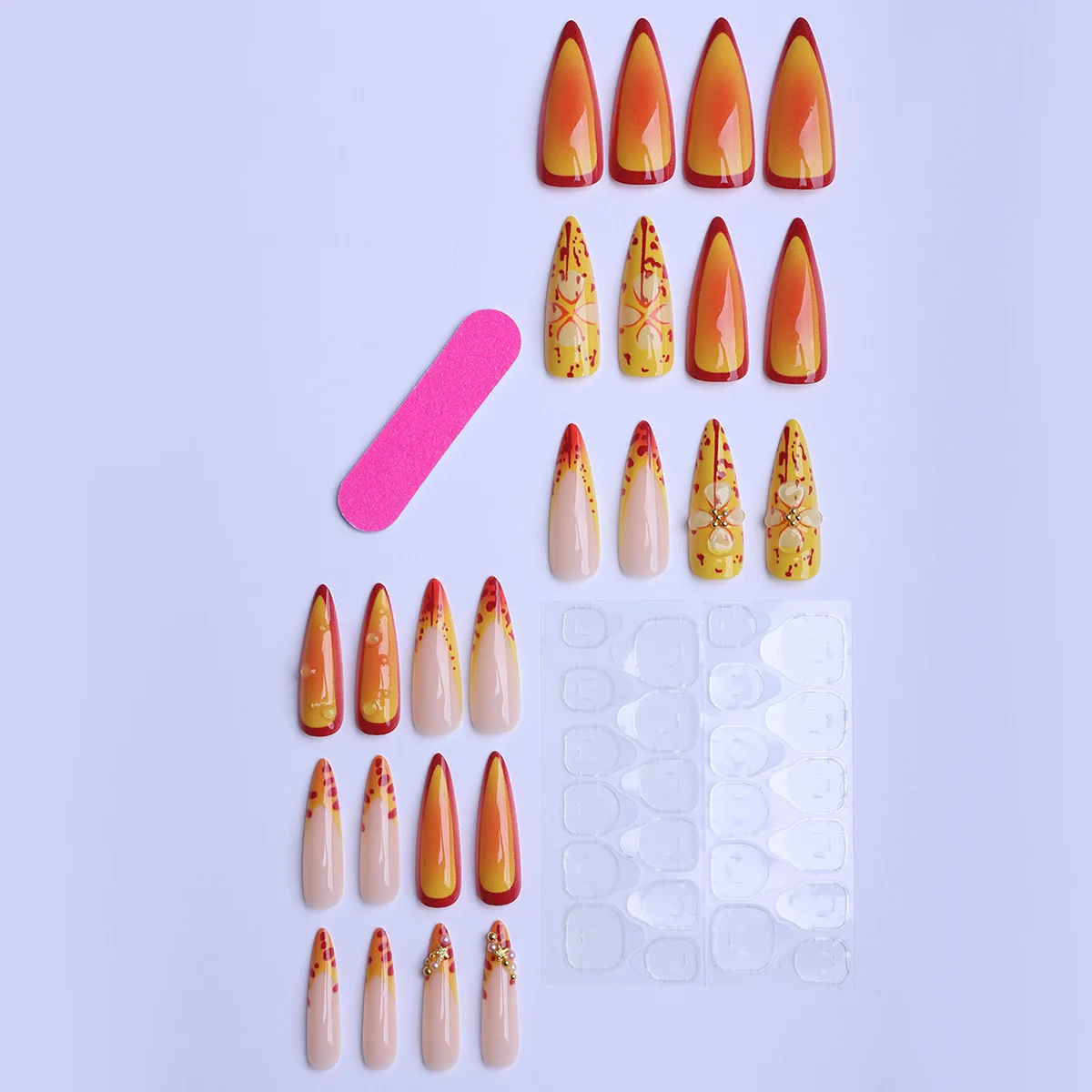 24枚入り スティレット スパイスガールズ プレスオンネイル 3D イエローフラワー レッドグラデーション フレンチ フェイクネイル パール付き アーモンド型 付け爪