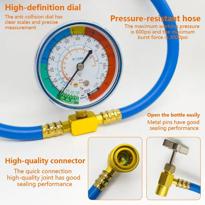 R134A Car Air Conditioning Charging Hose Refrigerant Recharge Pipe With Pressure Gauge Auto AC Fluorine Adding Tool For R12