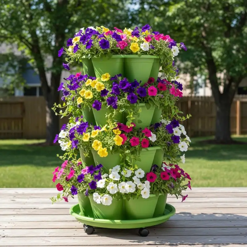 Plastic Vertical Flower Pot Stackable Tower with Wheels Easy Move Multi Layer Planting Organizer for Home Balcony