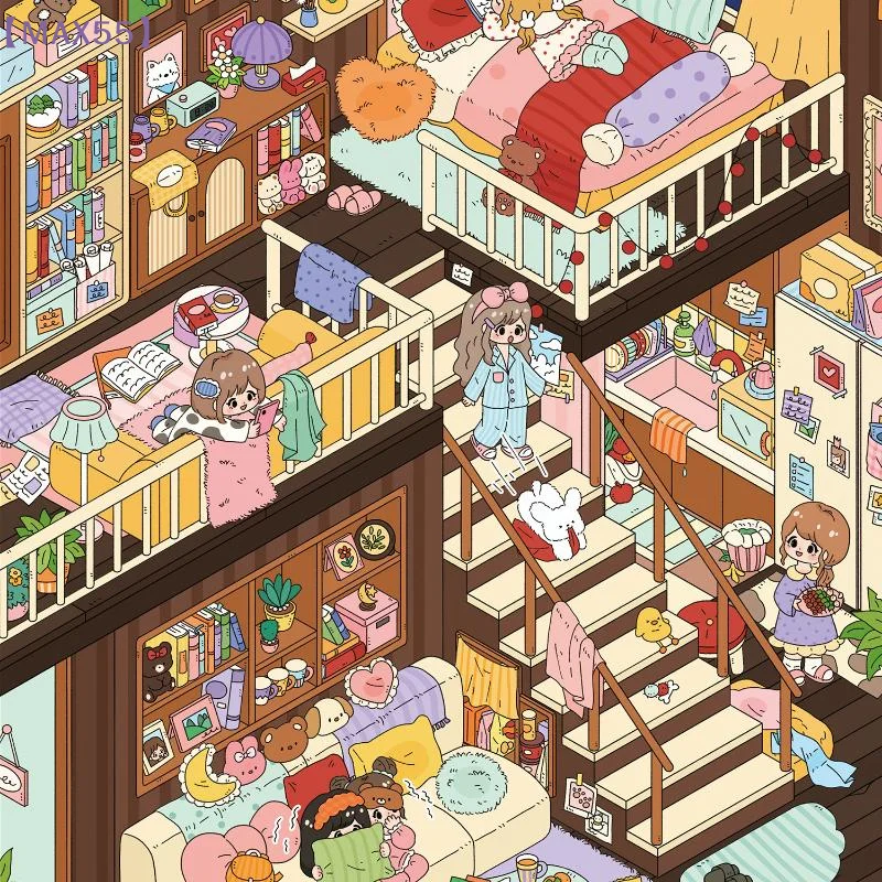 【MAX-55】1/2Pcs Kawaii Pajama Party 3D Best Friend Time Landscape Sticker DIY Pocket Cabin Scene Sticker Festival Gift