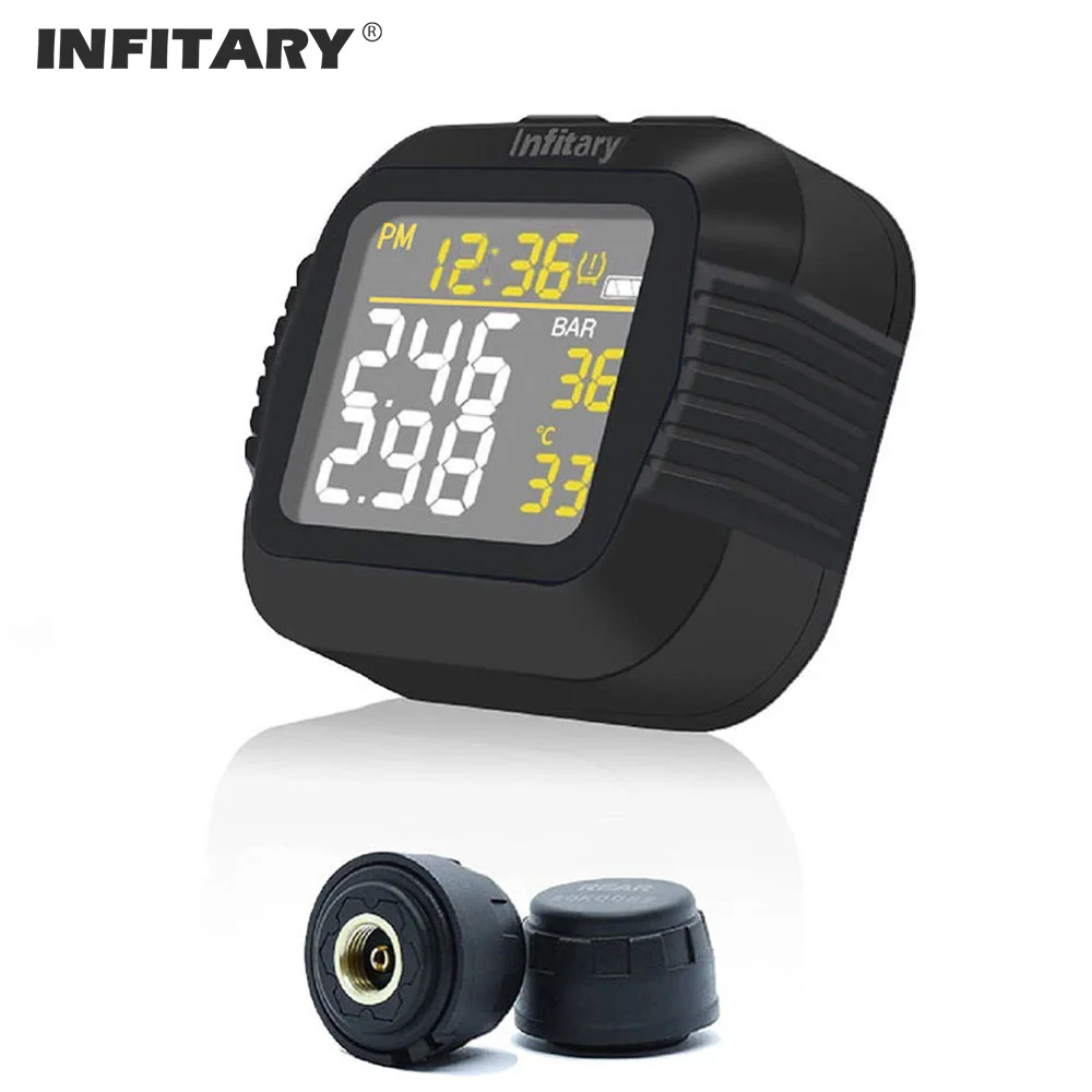 Infitary Motorcycle TPMS Tire Pressure Monitoring System Big Wireless LCD Colorful Display Shift For Status Precise Digital Moto