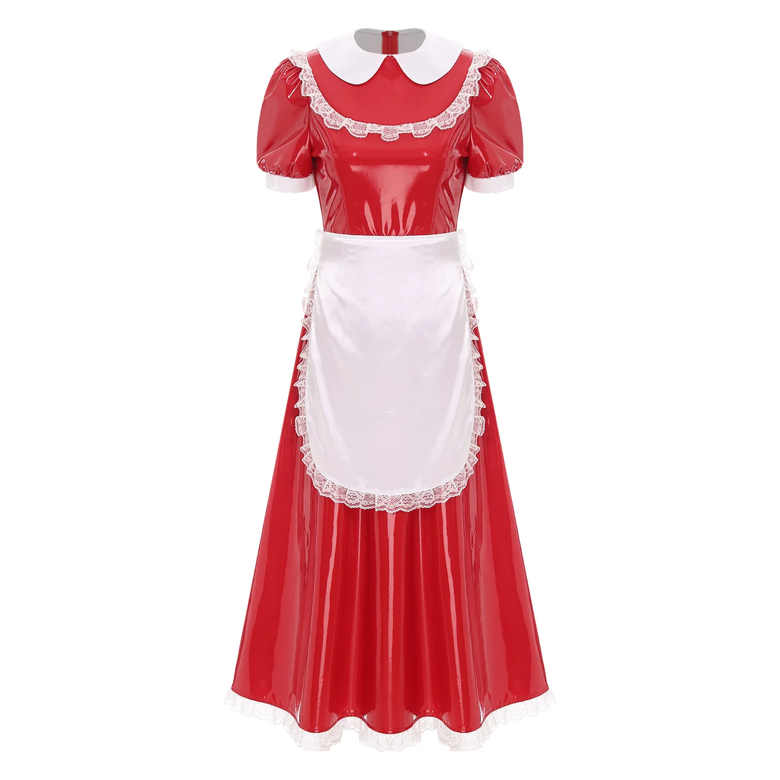 

Women Adults Maid Cosplay Dress with Apron Satin Lapel Collar Lace Short Sleeve Role Play Maxi Dress for Halloween Holiday Party