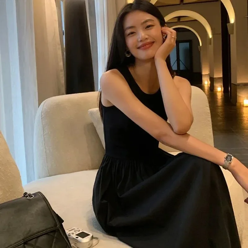 ZMZBCH Neue Elegante Schwarz Tank Top Lange Kleider für Frauen Rundhals Ärmellose Hohe Taille Temperament Weibliche Mode Stil Kleid