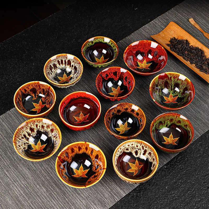 Maple leaf ceramic tea cup, kiln transformed leaf tea cup ceramic household tea set gift