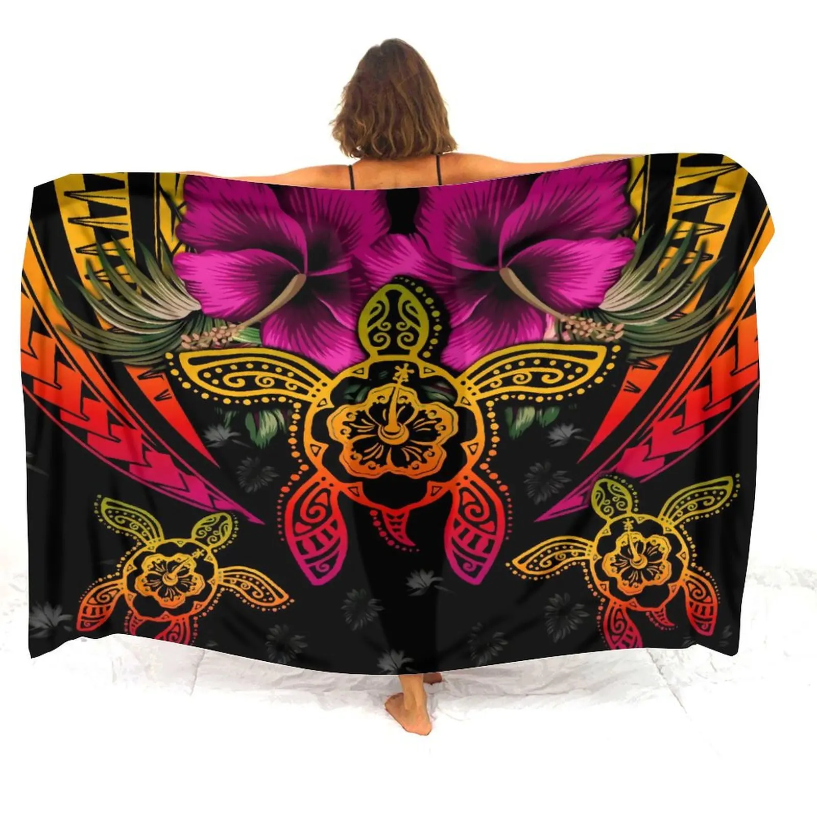 Hawaiian Turtle Custom Seaside Sarong Ladies One-Piece Coat Polynesian Sarong Beach Shawl Samoa Hibiscus Flower Elegant Sarong