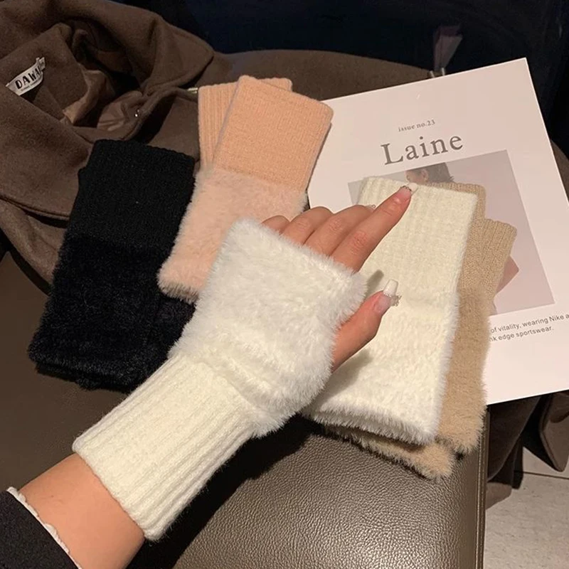 Soft Fluffy Plush Winter Half Finger Gloves Women Knitted Fingerless Gloves Winter Warm Wrist Mittens