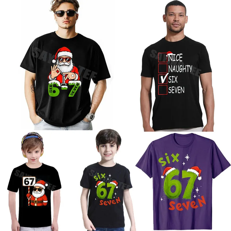 67 Meme Six Seven Santa Funny Novelty Christmas Costume Y2k Elf Ulgy Xmas Pajama T-Shirt Nice Naughty 67 Brainrot Saying Tee Top