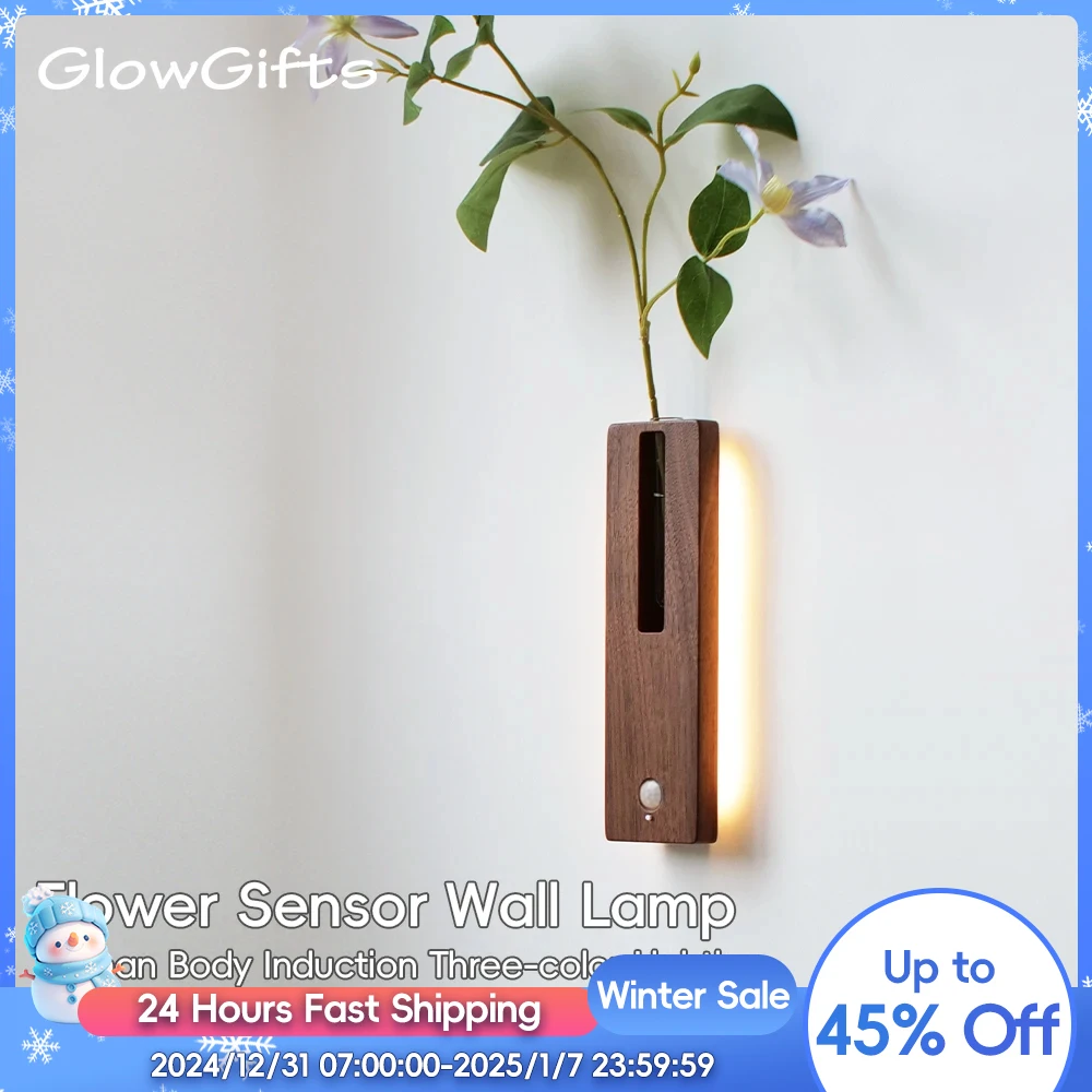 LED Wood Flower Wall Lamp Wood Floral Sensor Wall Lamp Motion Induction Wall Light Rechargeable For Entrance Corridor Home Decor