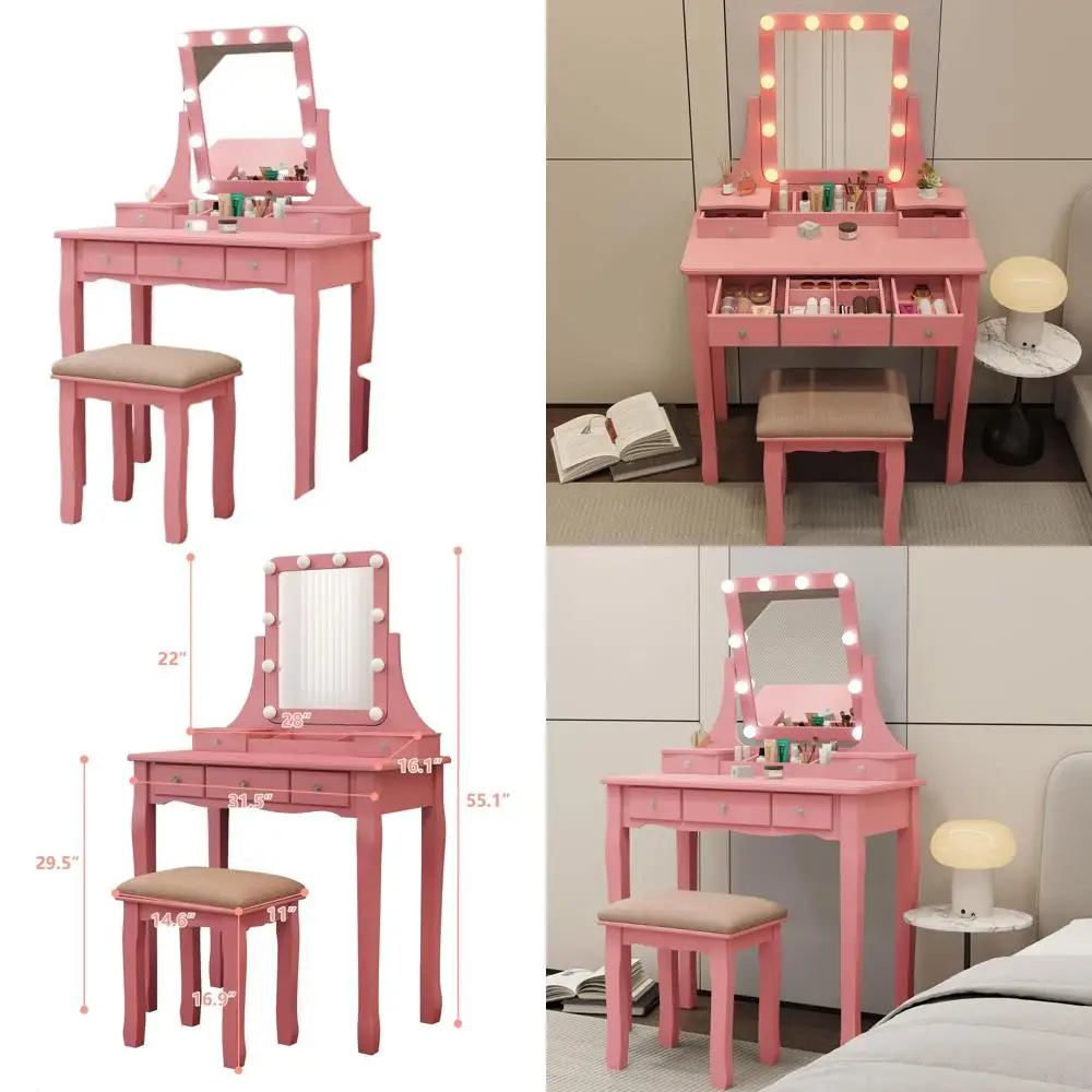 

Туалетный столик с подсветкой, розовой столешницей, зеркалом, ящиками и стулом