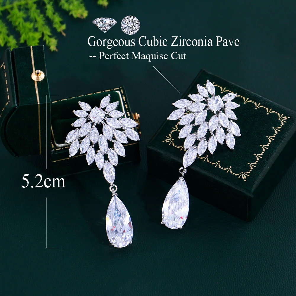 CWWZircons Shiny White Marquise Cut Cubic Zirconia Long Leaf Drop Dangle Earrings for Women Wedding Engagement Party Wear CZ732