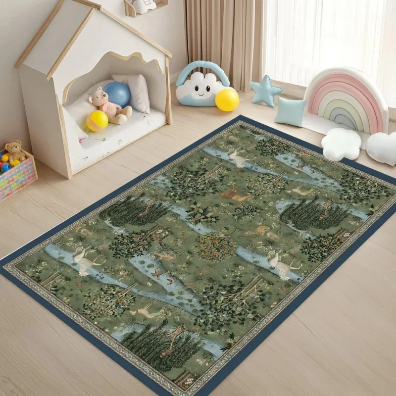Medieval Forest Tapestry Area Rug Vintage Animal Print Non-Slip Carpet Boho Floor Mat for Living Room Bedroom