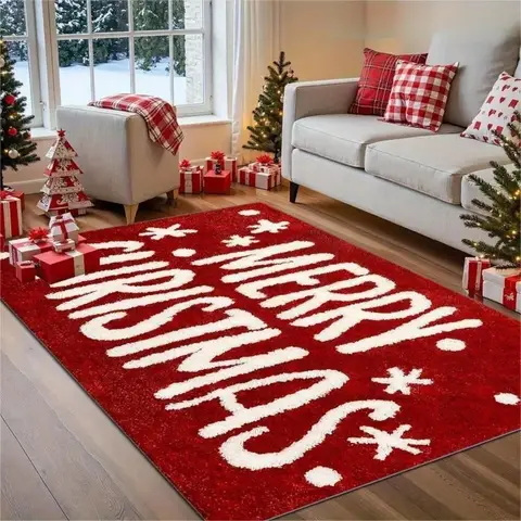Red Christmas Carpet 3D "MERRY CHRISTMAS" Rug Snowflake Gift Mat Living Room Home Decoration Festive Floor Mat Rugs for Bedroom
