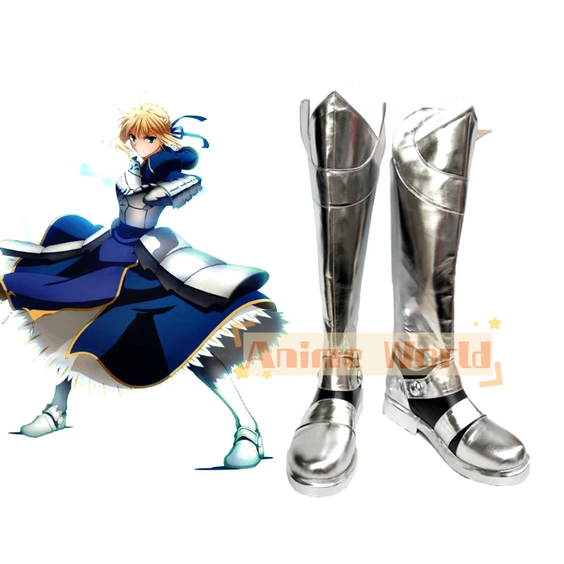 Fate Stay Night Saber Altria Pendragon Costume Cosplay Scarpe Anime Stivali in ecopelle argentati fatti a mano