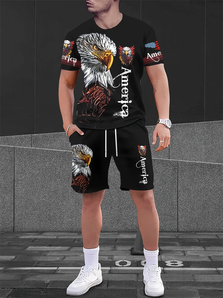 2025 new men's summer short sleeved T-shirt set with animal eagle print personalized shorts casual outdoor set