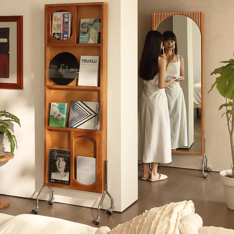 

Medium retro style dressing full body mirror home removable magazine rotating solid wood