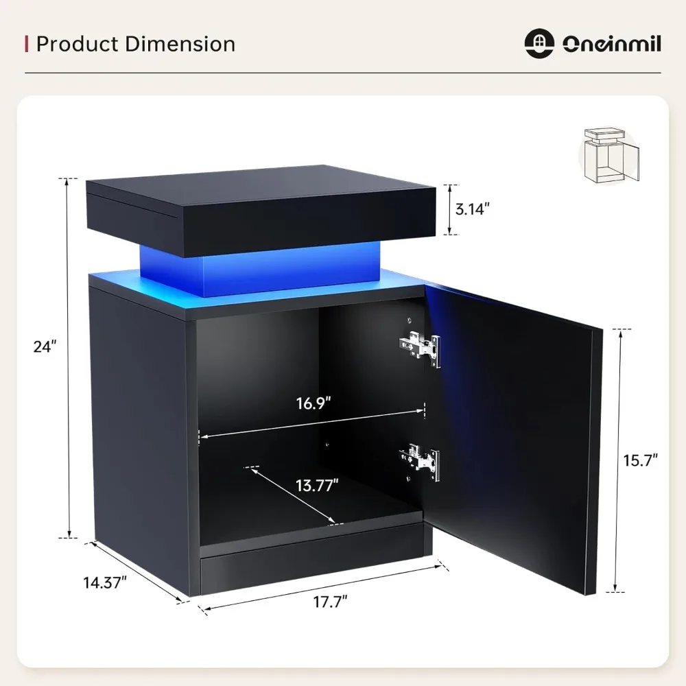 مجموعة منضدة مكونة من قطعتين مع أضواء LED، وحامل ليلي مع خزانة تخزين لغرفة النوم، وطاولة بجانب السرير مع مصباح LED، باللون الأسود