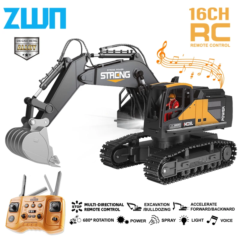 ZWN 16CH Remote Control  With LED Lights Music Professional RC Model Excavator Alloy Simulation Construction Vehicle Toys Gifts