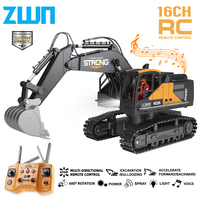 ZWN 16CH Remote Control With LED Lights Music Professional RC Model Excavator Alloy Simulation Construction Vehicle Toys Gifts