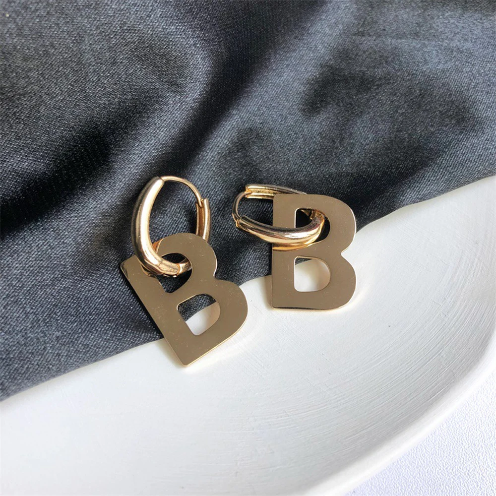 Temperament Retro Party Jewelry for Women Gold Silver Color Hoop Earrings Drop Dangle Earrings Removable Letter B Design
