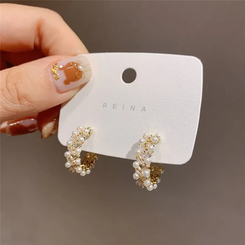 2026 New Korean Simulated Pearl Hoop Earrings Gold Color Metal C Shape Statement Earrings For Women Girl Wedding Party Jewelry
