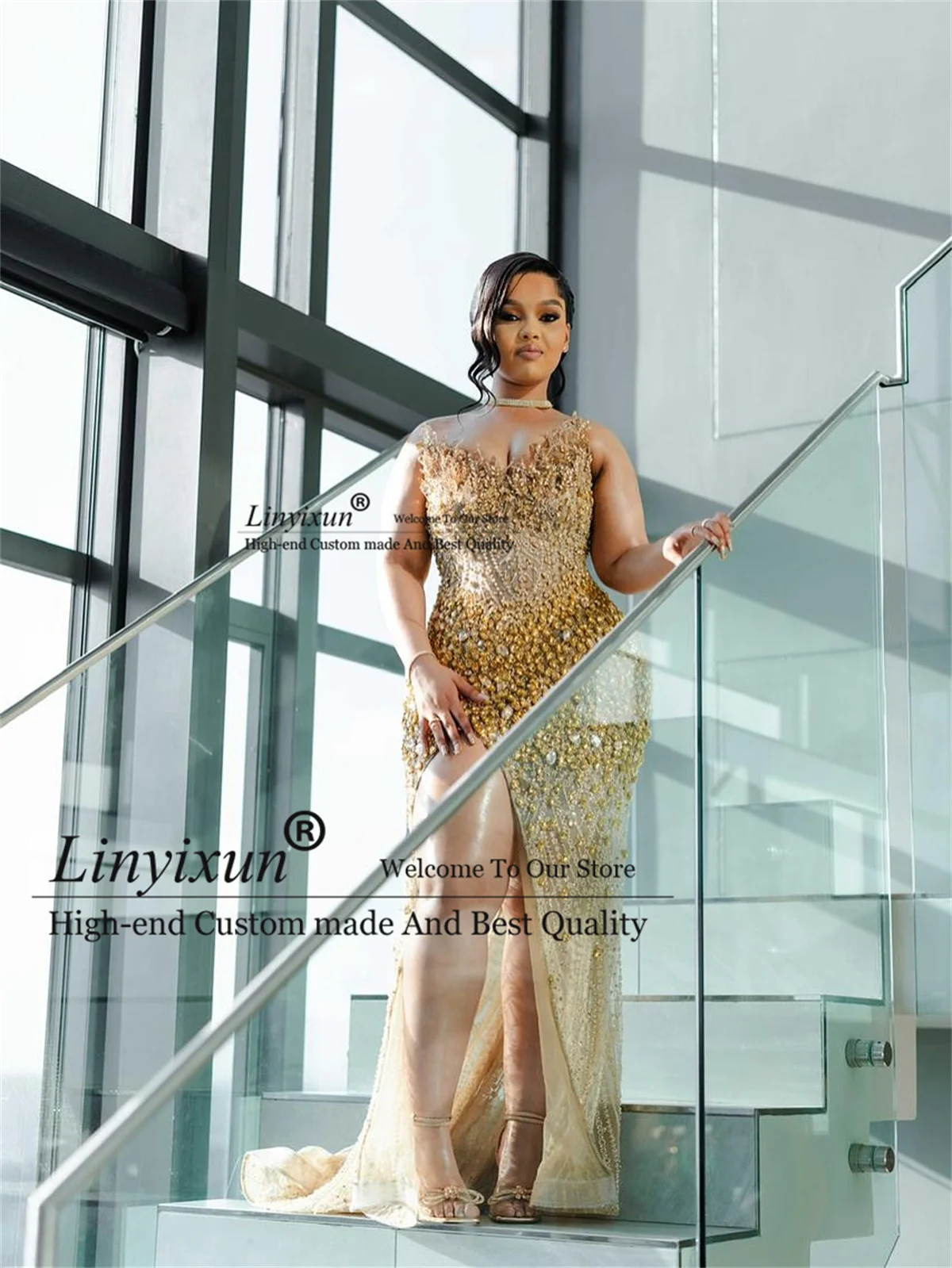 高級ラインストーンクリスタルマーメイドプロムドレスアフリカセクシーなスリットウェディングローブデソワレカスタマイズされたコートトレインイブニングパーティードレス