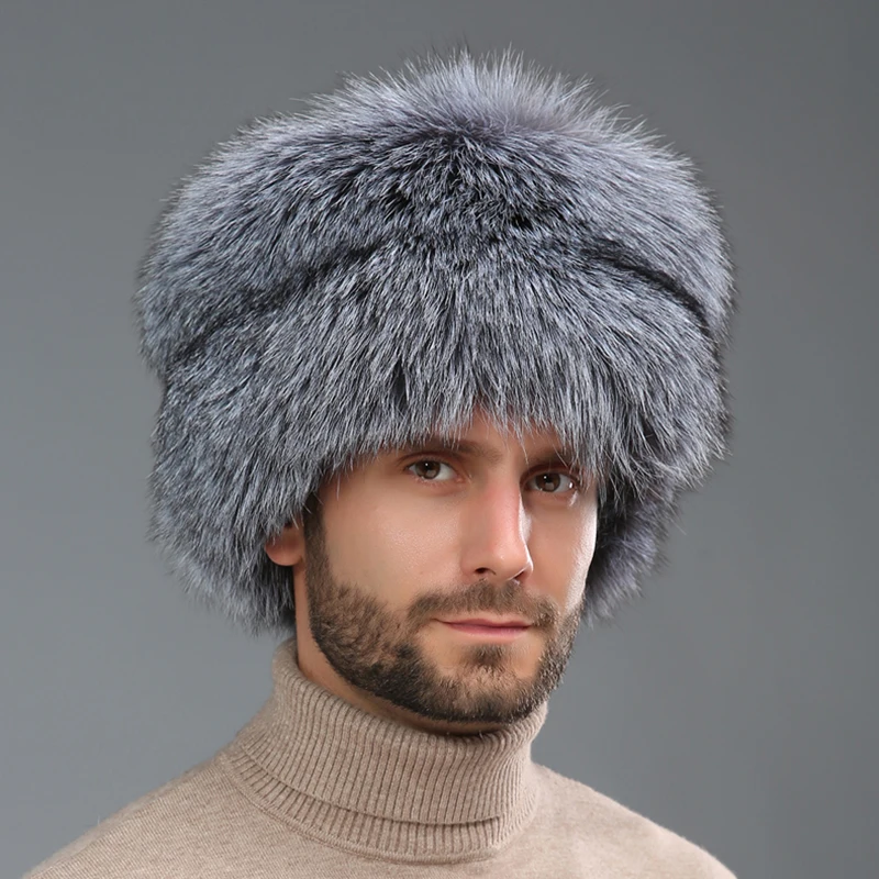 2024 Winter Men\'s 100% Real Silver Fox Fur Bomber Hat Raccoon Fur Ushanka Cap Trapper Russian Man Ski Hats Caps Real Fur Hat