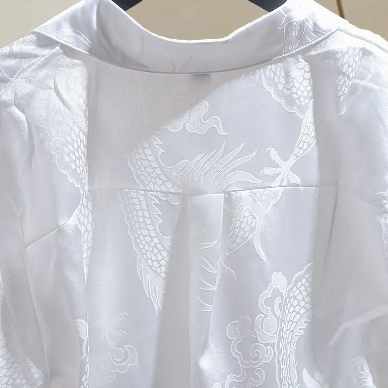 Long Sleeve Tops Women Silk Satin Button Up Shirt Elegant Blouse Vintage Print Chinese Style Dragon Luxury Designer Clothing