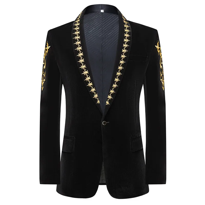 Fashion Banquet Gold Floral Embroidery Velvet Suit Jacket Male Shawl Collar One Button Dress Blazer Wedding Evening Party Tuxedo