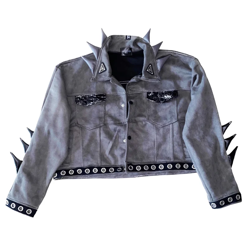 2023 Motorcycle Jacket Short Grey Retro Fashion Obsidian Rivet Jacket Rock Punk suede jacket Youth trend Japanese Korean coat