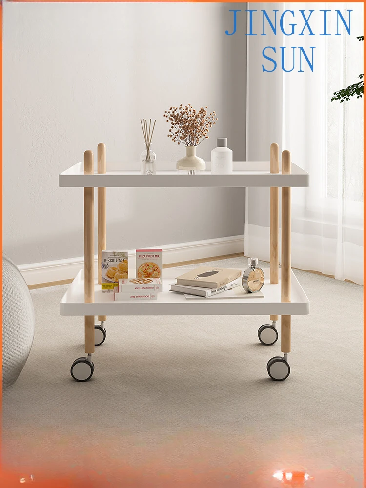 Nordic sofa side cabinet, movable double layer side table storage rack, bedroom bedside table, cart, small coffee table