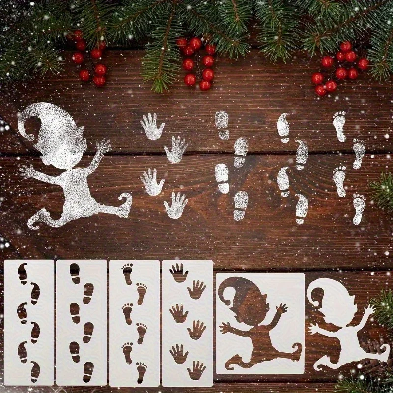 6PCS Christmas Gnome Drawing Stencils Reusable Plastic Footprint Handprint Painting Templates for Window Floor DIY Holiday Decor